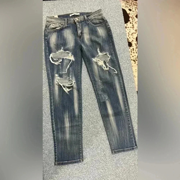 KanCan Women’s Jeans Size 25 Mid Rise Boyfriend Cropped Distressed Blue #1863 - Picture 1 of 9